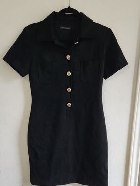 Vintage 90s Quiet Luxury Black Suede Mini Dress with Gold Buttons Size 2